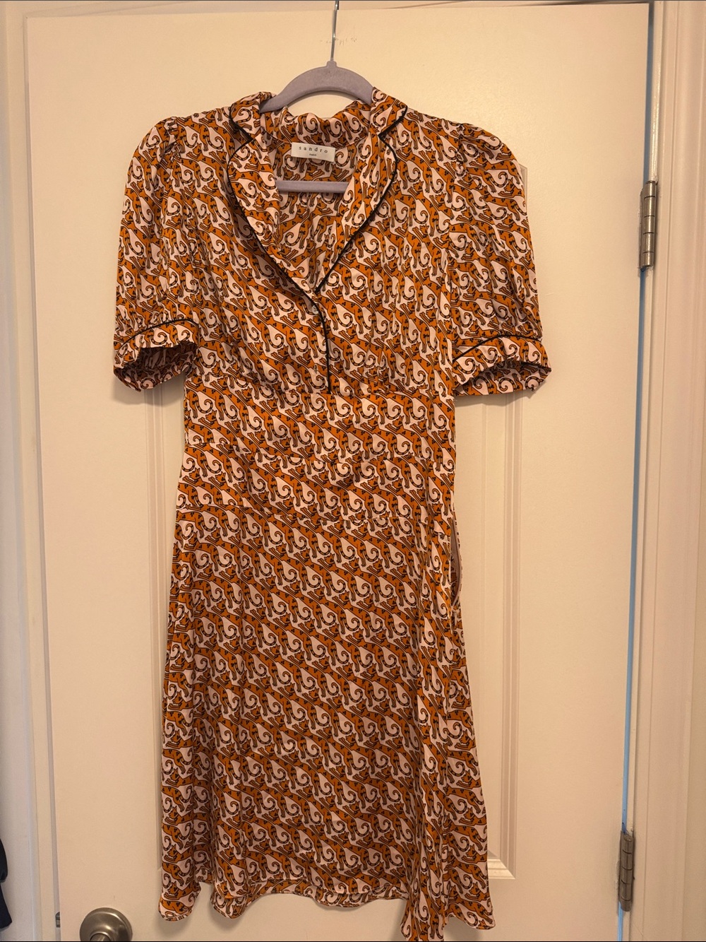 SANDRO Brown & White Patterned Short-Sleeve Midi Dress